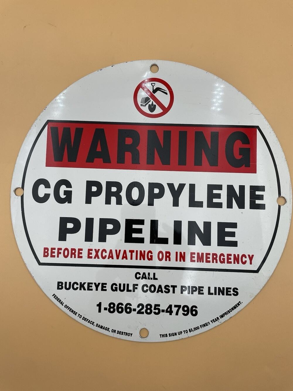 CG PROPYLENE BUCKEYE GULF PIPELINE WARNING METAL SIGN 12"